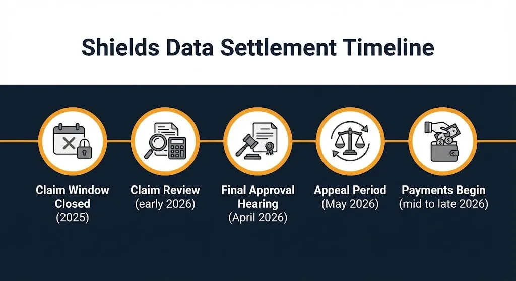 Shields data settlement timeline showing key dates from claim review through expected mid to late 2026 payments.
