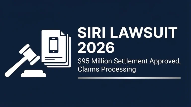 Siri lawsuit 2026 banner showing settlement approval status with gavel and smartphone icons on navy background.