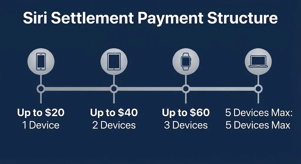 Siri settlement payout tiers graphic showing payment amounts by number of qualifying devices on navy background.
