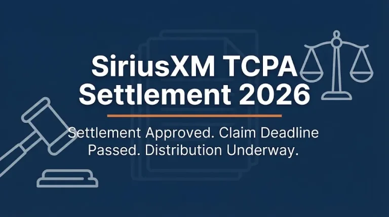 SiriusXM TCPA settlement 2026 status banner showing settlement approved and distribution underway with legal icons.