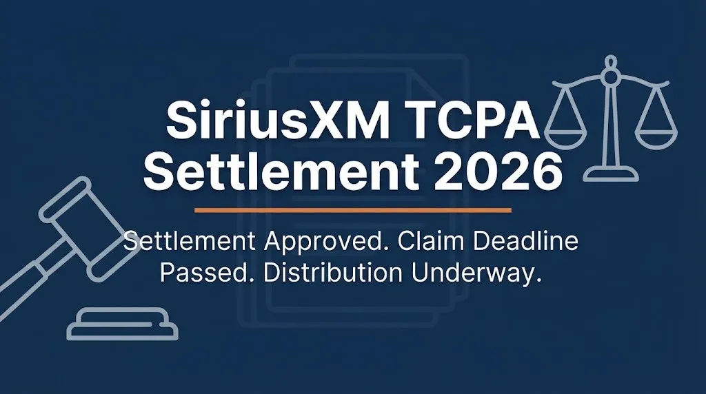 SiriusXM TCPA settlement 2026 status banner showing settlement approved and distribution underway with legal icons.