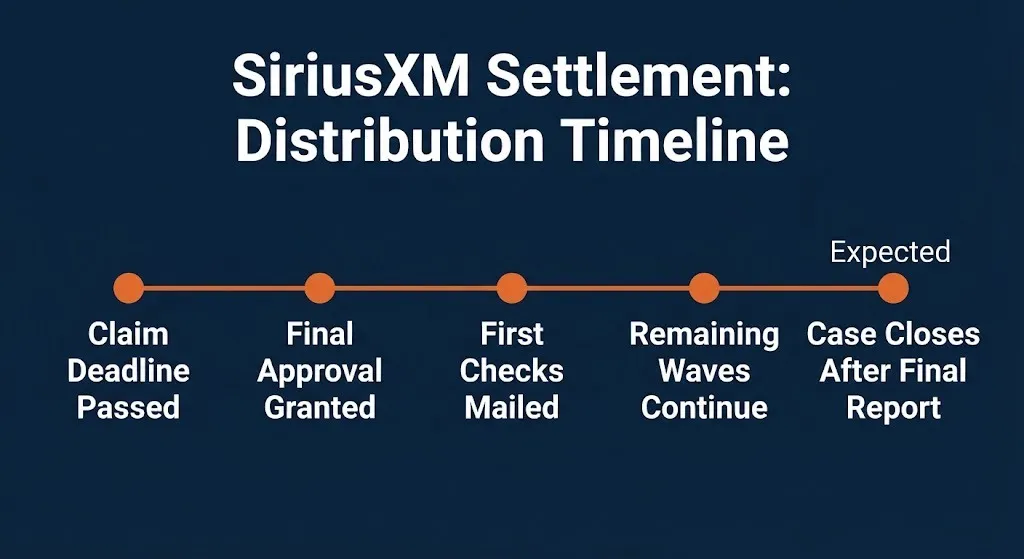 SiriusXM TCPA settlement timeline showing claim deadline passed through final approval and check distribution waves to case closure.