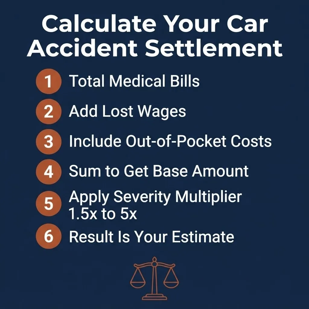 Six-step visual guide to calculating a car accident settlement estimate using the multiplier method.