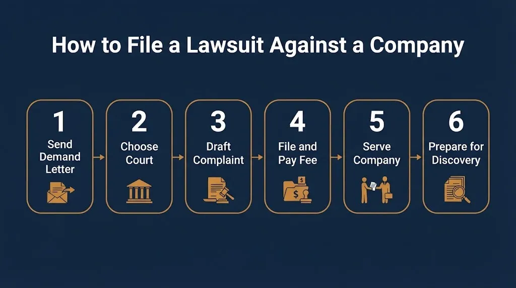 Six steps to file a lawsuit against a company from demand letter through discovery.