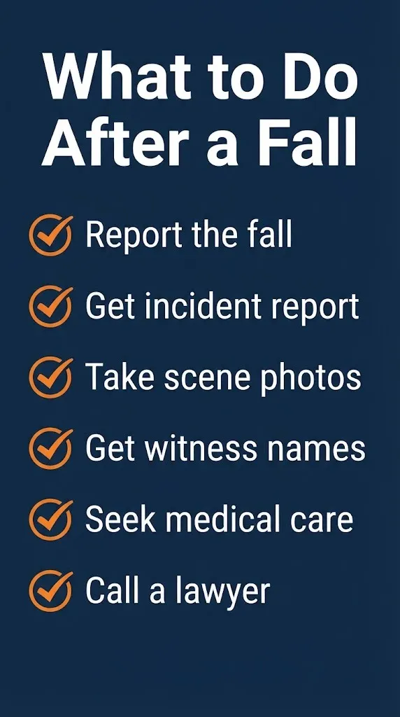 Slip and fall lawsuit checklist showing what to do after a fall from reporting to calling a lawyer.