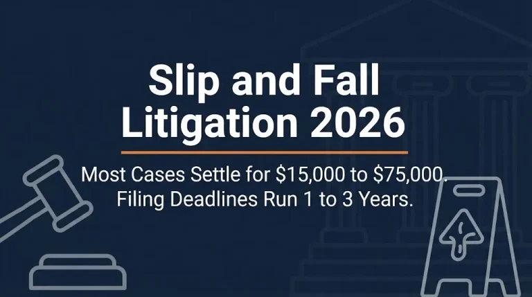 Slip and fall litigation 2026 banner showing settlement range and filing deadline with legal icons on navy background.