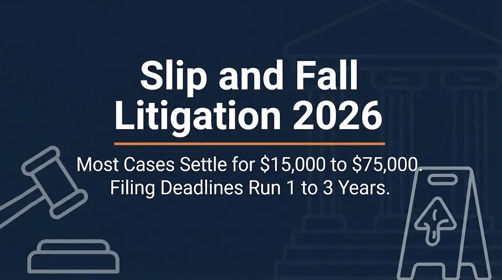 Slip and fall litigation 2026 banner showing settlement range and filing deadline with legal icons on navy background.