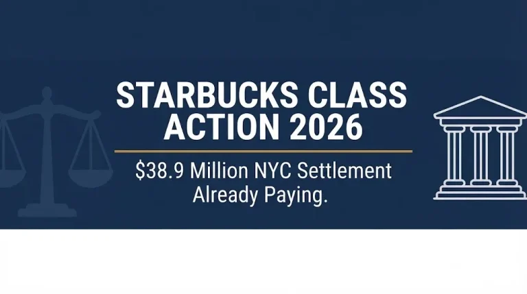 Starbucks class action 2026 banner showing the $38.9 million NYC Fair Workweek settlement now paying.