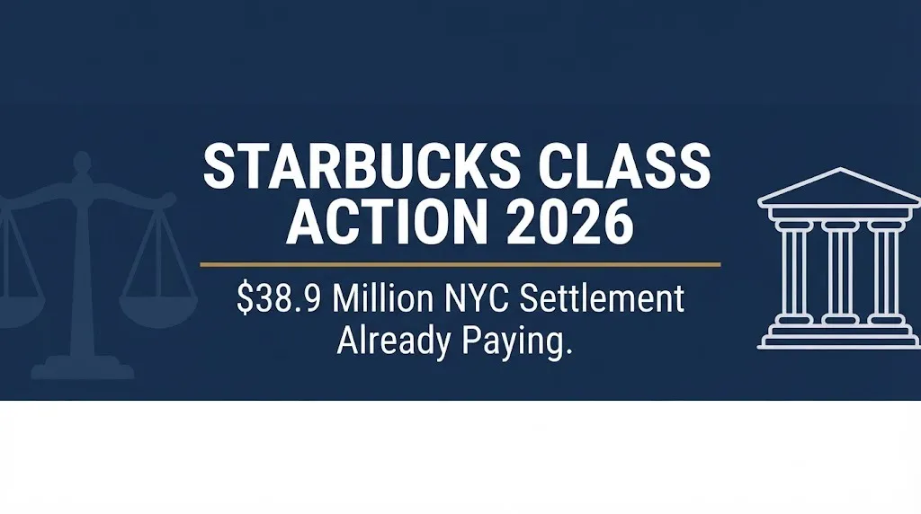 Starbucks class action 2026 banner showing the $38.9 million NYC Fair Workweek settlement now paying.