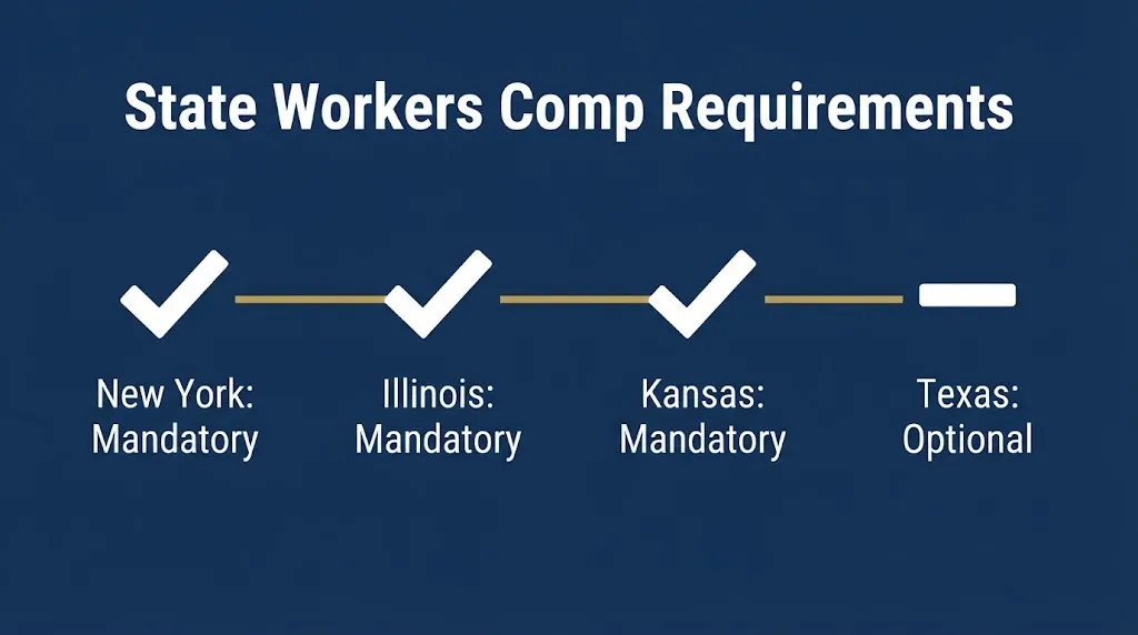 State workers compensation requirements comparing New York, Illinois, Kansas, and Texas rules.