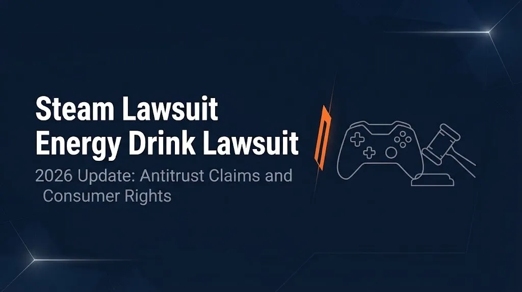 Steam lawsuit 2026 banner showing antitrust claims and consumer rights