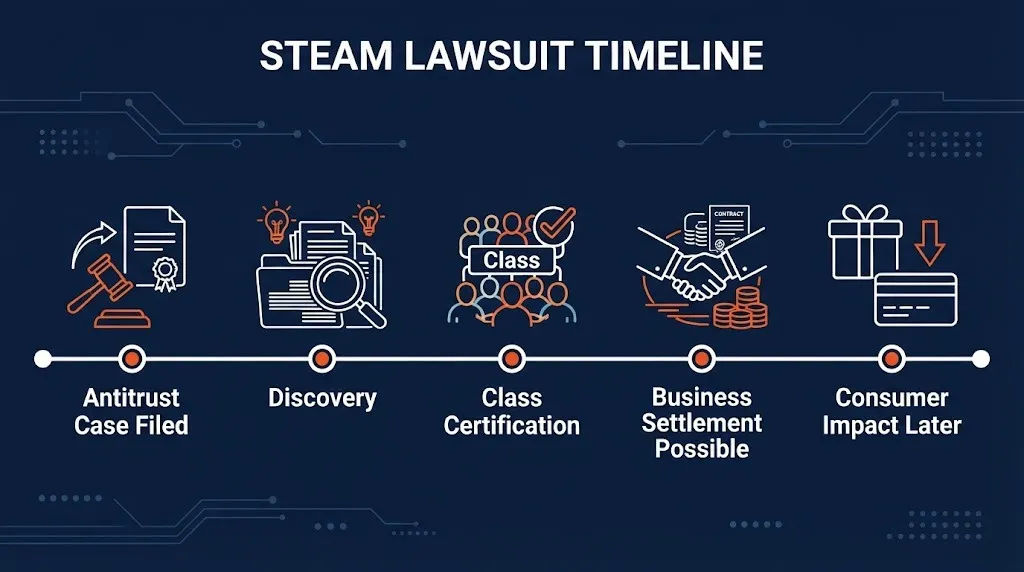 Steam lawsuit timeline showing antitrust case stages