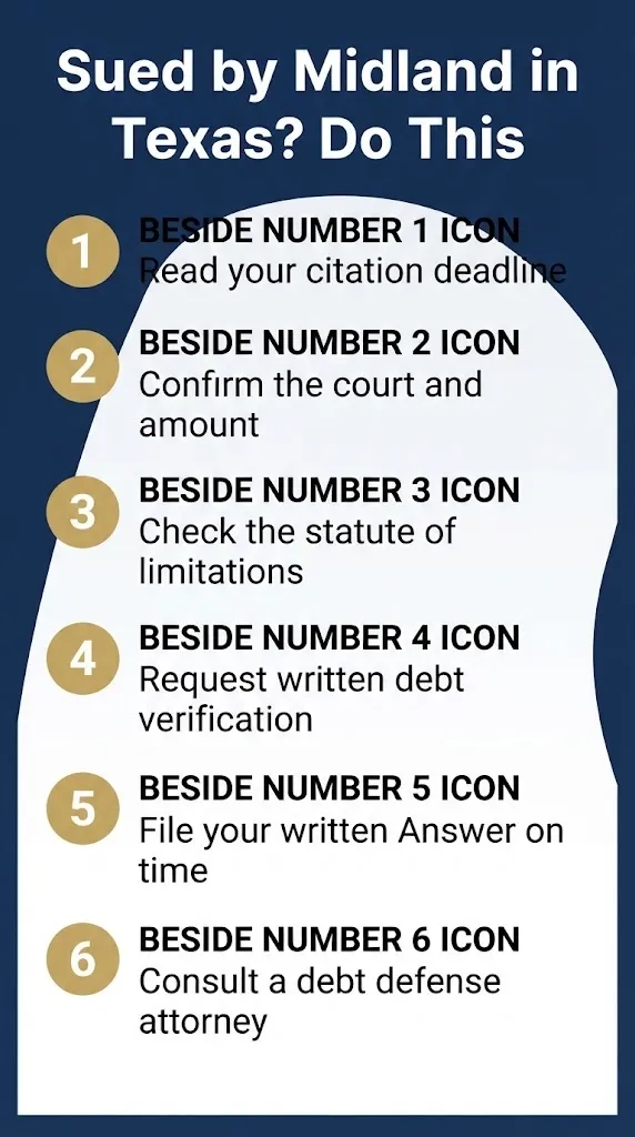 Step-by-step checklist for responding to a Midland Credit Management lawsuit in Texas courts.