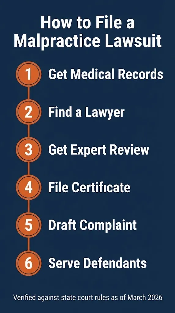 Step by step graphic showing how to file a malpractice lawsuit from getting records to serving defendants.