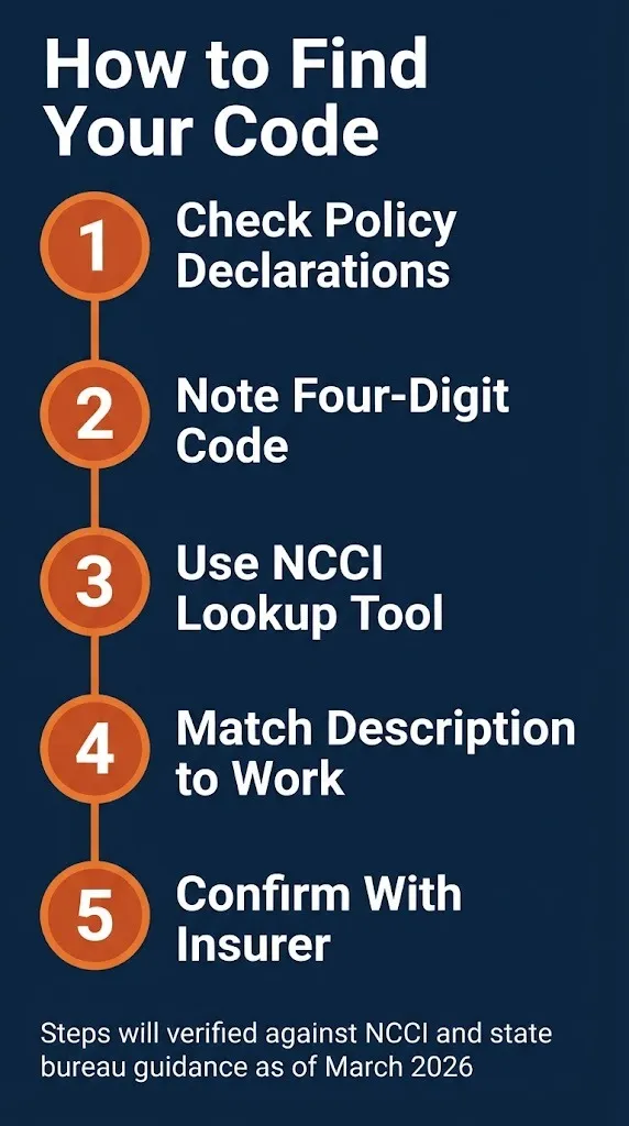 Step by step graphic showing how to find workers compensation codes from policy declarations to insurer confirmation.