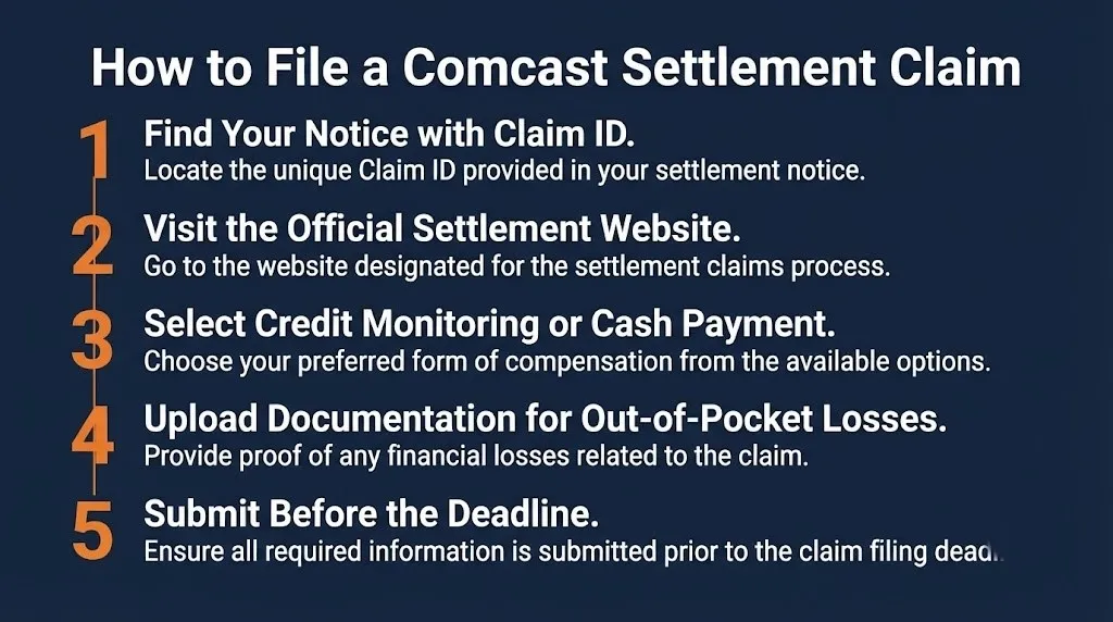 Step by step guide showing how to file a Comcast Xfinity data breach settlement claim.
