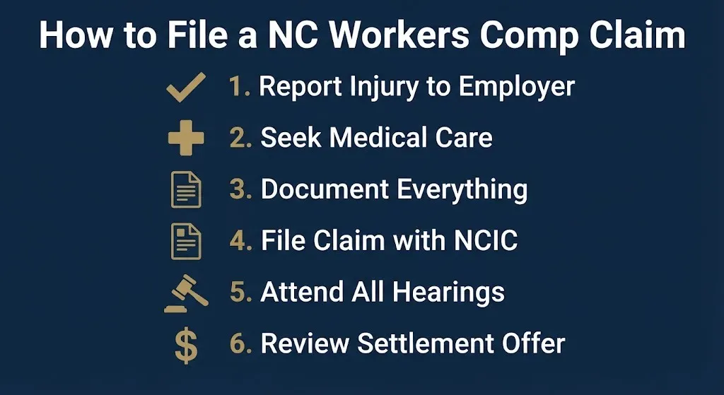 Step by step guide showing how to file a North Carolina workers compensation claim from reporting injury.