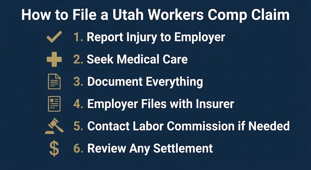 Step by step guide showing how to file a Utah workers compensation claim from reporting injury through reviewing settlement offer.