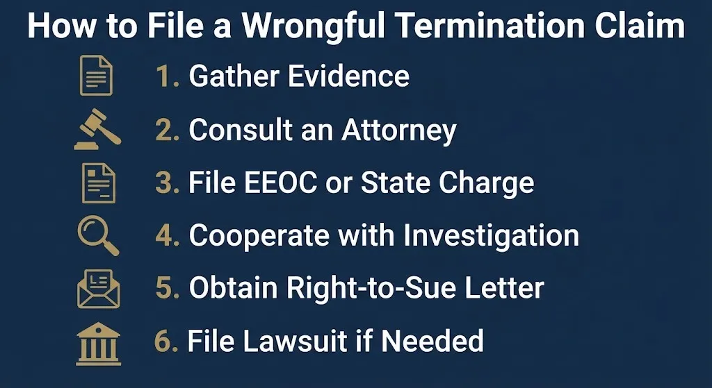 Step by step guide showing how to file a wrongful termination claim from gathering evidence through filing a lawsuit.