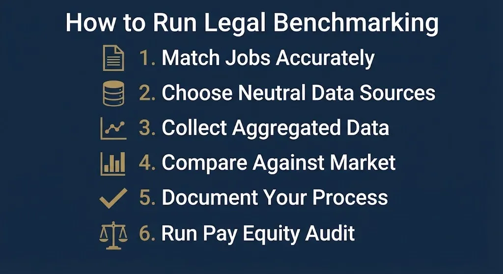 Step by step guide showing how to run legal compensation benchmarking from job matching through pay equity audit.