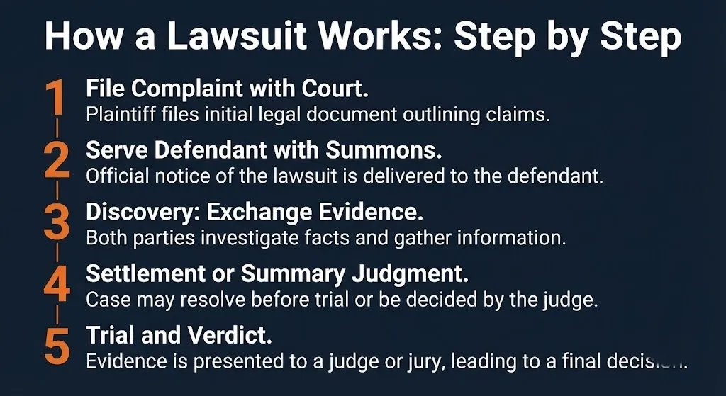 Step by step visual guide showing the lawsuit process from filing a complaint to trial verdict.