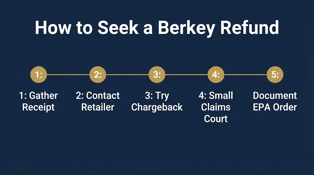 Step graphic showing five options for seeking a Berkey water filter refund in 2026.