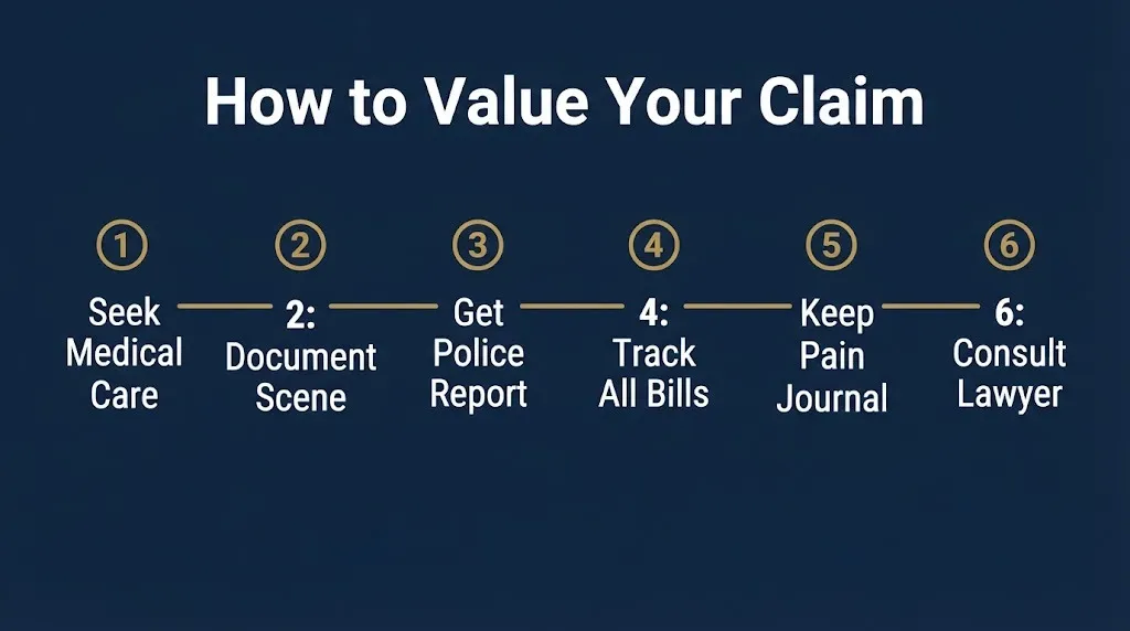 Step graphic showing six actions for accurate car accident settlement valuation in 2026.