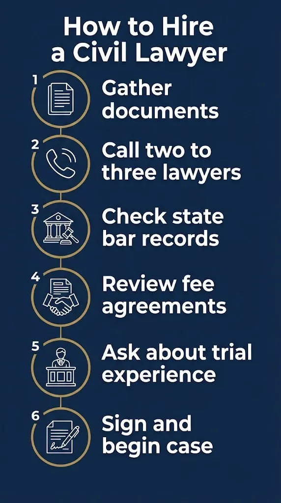 Step graphic showing six actions for hiring a civil lawsuit lawyer, from gathering documents to signing a fee agreement.
