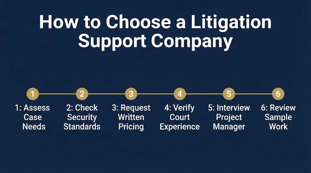 Step graphic showing six factors for choosing a litigation support company in 2026.