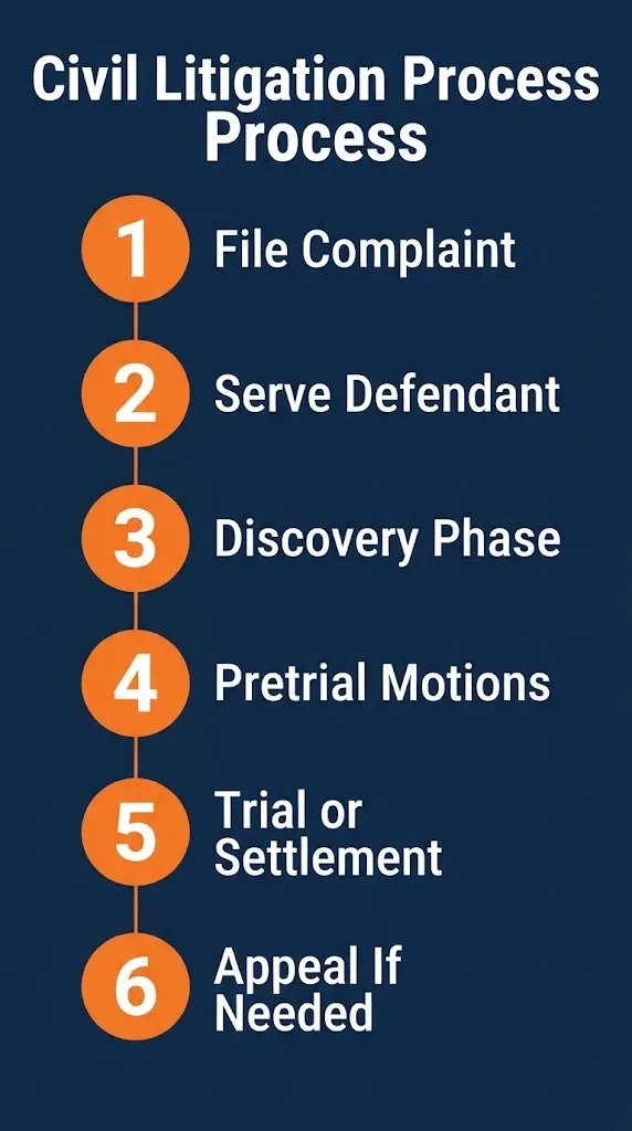 Steps in the civil litigation process from filing a complaint through trial and appeal.