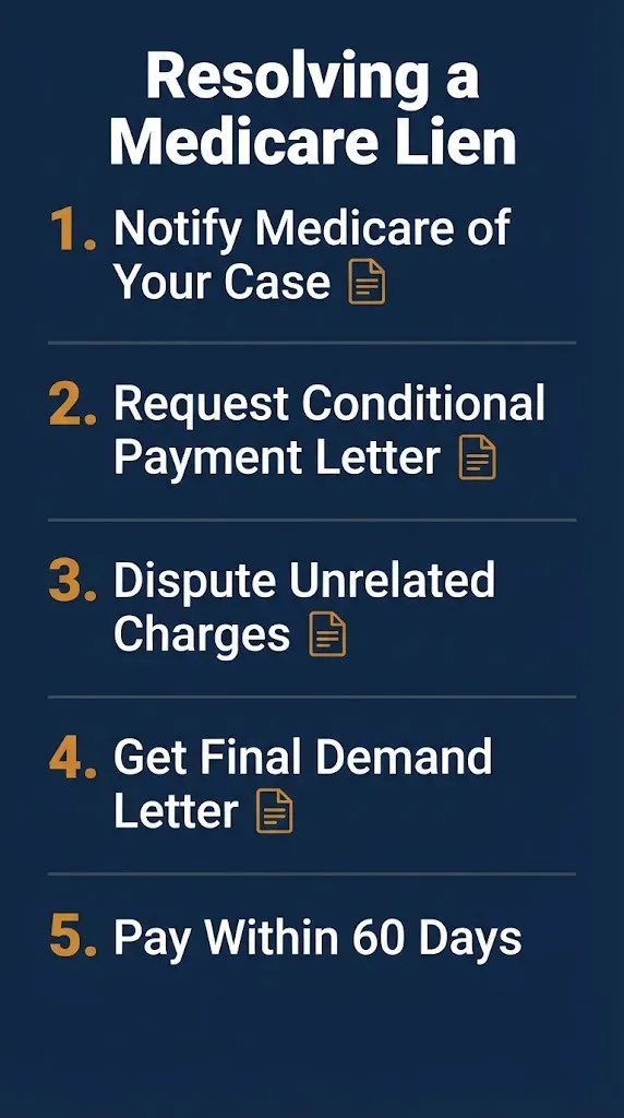 Steps showing how a settlement and health related Medicare lien gets resolved after a claim