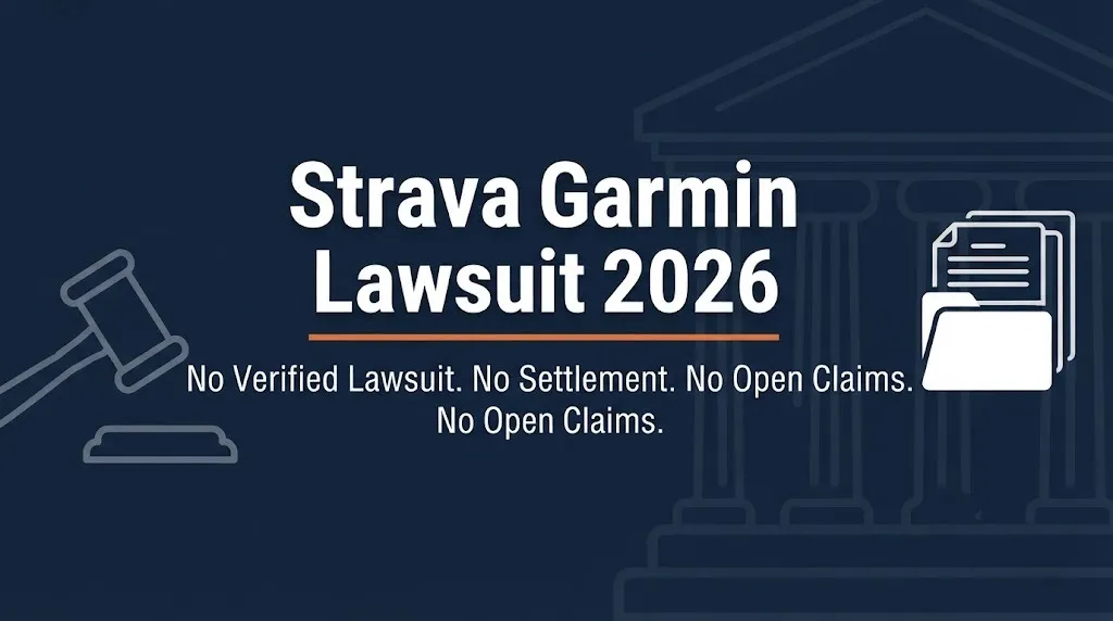 Strava Garmin lawsuit 2026 banner showing no verified lawsuit with legal icons on navy background.