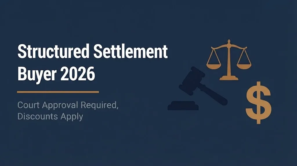 Structured settlement buyer 2026 banner showing court approval required and discount rates with legal icons.