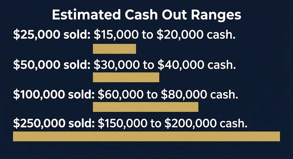 Structured settlement cash out ranges showing estimated offers for different payment amounts.