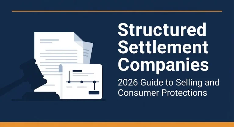 Structured settlement companies 2026 guide banner with gavel and payment timeline illustration.