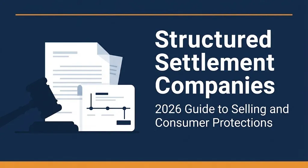 Structured settlement companies 2026 guide banner with gavel and payment timeline illustration.