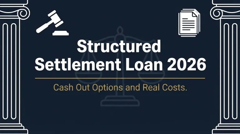 Structured settlement loan 2026 banner with gavel, scales, and cash out guide.