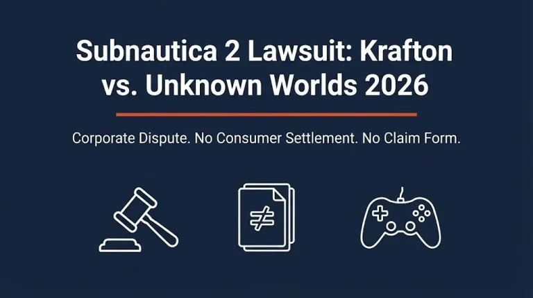 Subnautica 2 lawsuit Krafton Unknown Worlds 2026 banner showing corporate dispute with no consumer settlement.