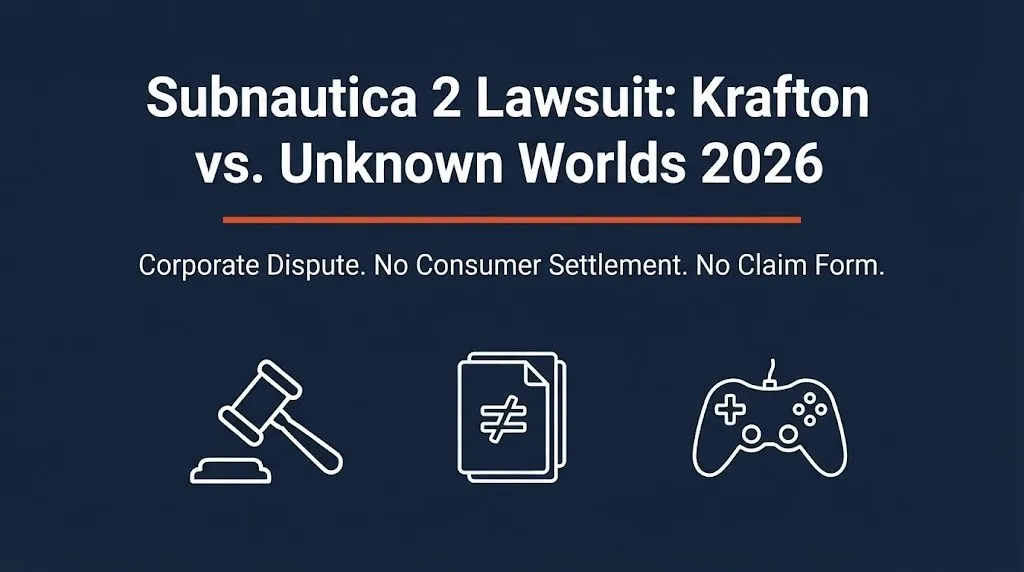 Subnautica 2 lawsuit Krafton Unknown Worlds 2026 banner showing corporate dispute with no consumer settlement.