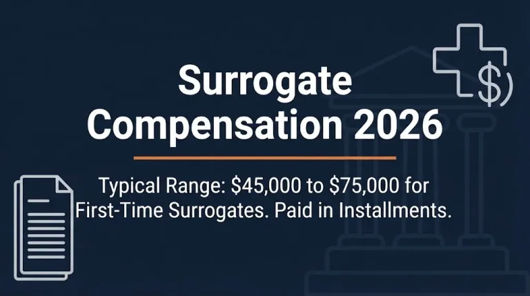 Surrogate compensation 2026 banner showing forty five thousand to seventy five thousand dollar range with legal icons.