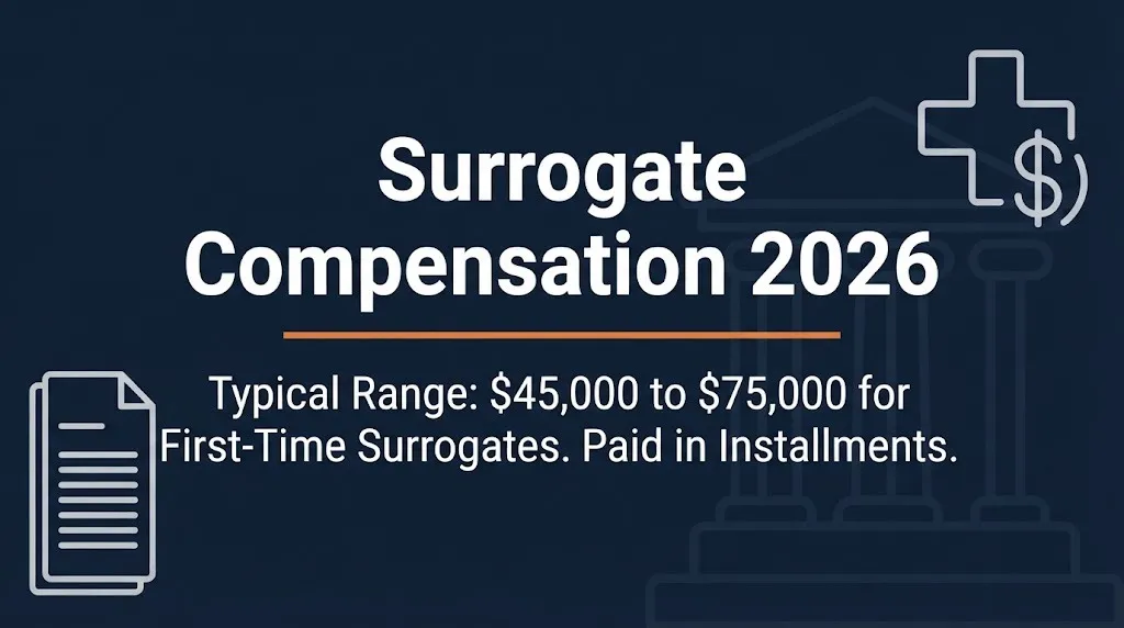 Surrogate compensation 2026 banner showing forty five thousand to seventy five thousand dollar range with legal icons.