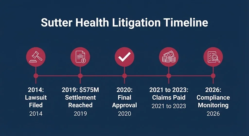 Sutter Health litigation timeline graphic showing key dates from 2014 filing to ongoing compliance monitoring.