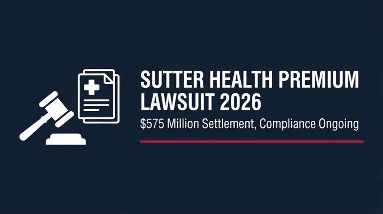 Sutter Health premium lawsuit 2026 banner showing settlement amount and compliance status on navy background.