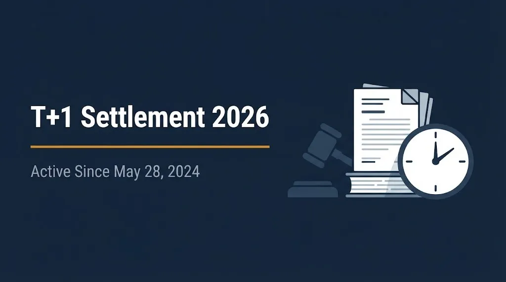 T+1 settlement 2026 banner showing active since May 28 2024 with legal and clock icons.