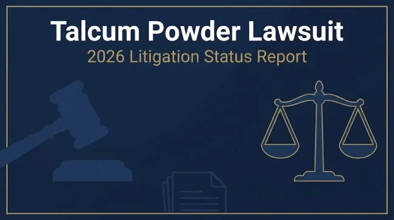 Talcum powder lawsuit 2026 status banner with legal symbols on navy background