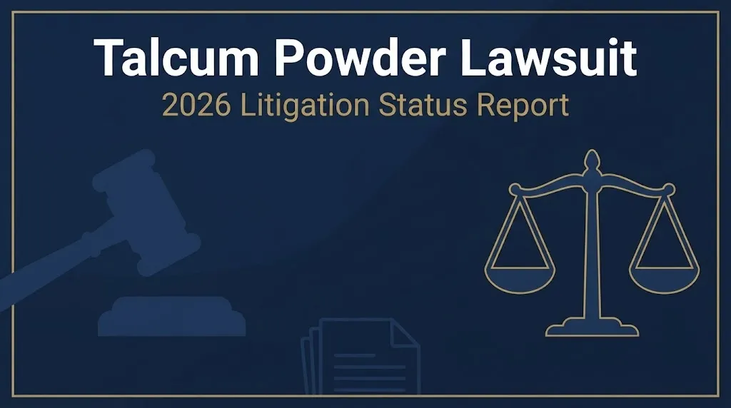 Talcum powder lawsuit 2026 status banner with legal symbols on navy background