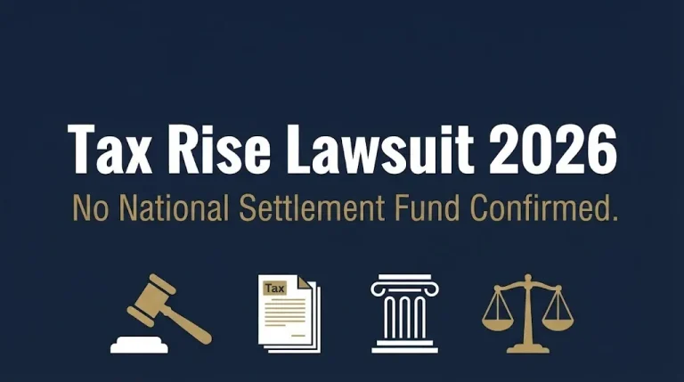 Tax rise lawsuit 2026 banner with gavel and tax document showing no national settlement confirmed.