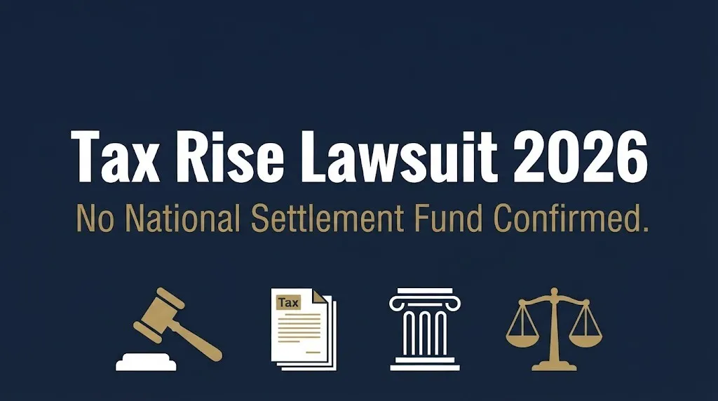 Tax rise lawsuit 2026 banner with gavel and tax document showing no national settlement confirmed.