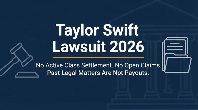 Taylor Swift lawsuit 2026 banner showing no active class settlement and no open claims with legal icons on navy background.