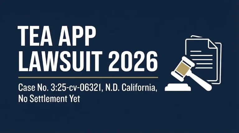 Tea app lawsuit 2026 banner showing case number 325-cv-06321 and pending settlement status.